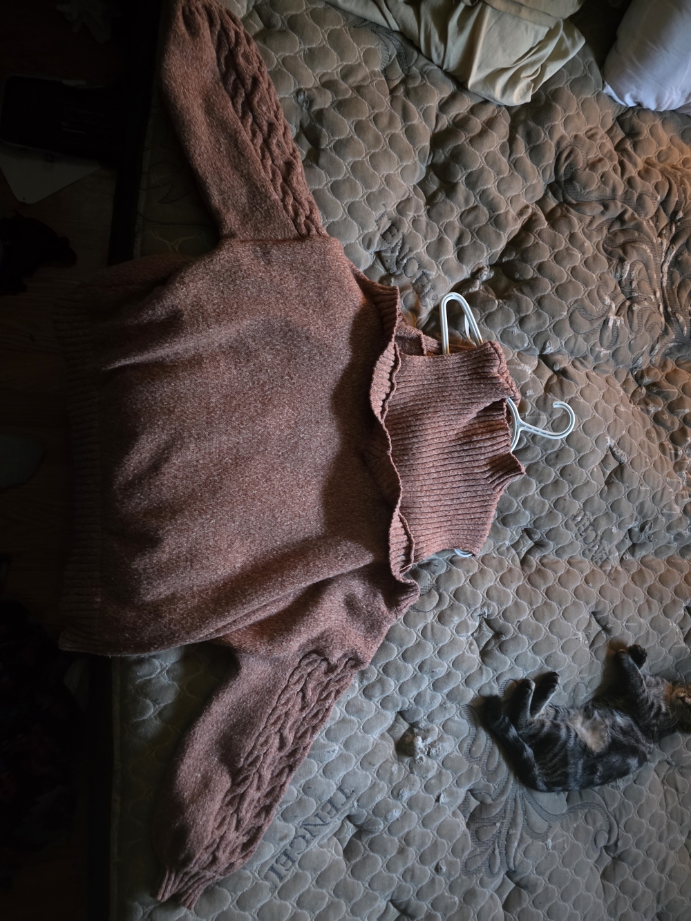 Ruffled Mock Neck Cable Sleeve Sweater - Rose